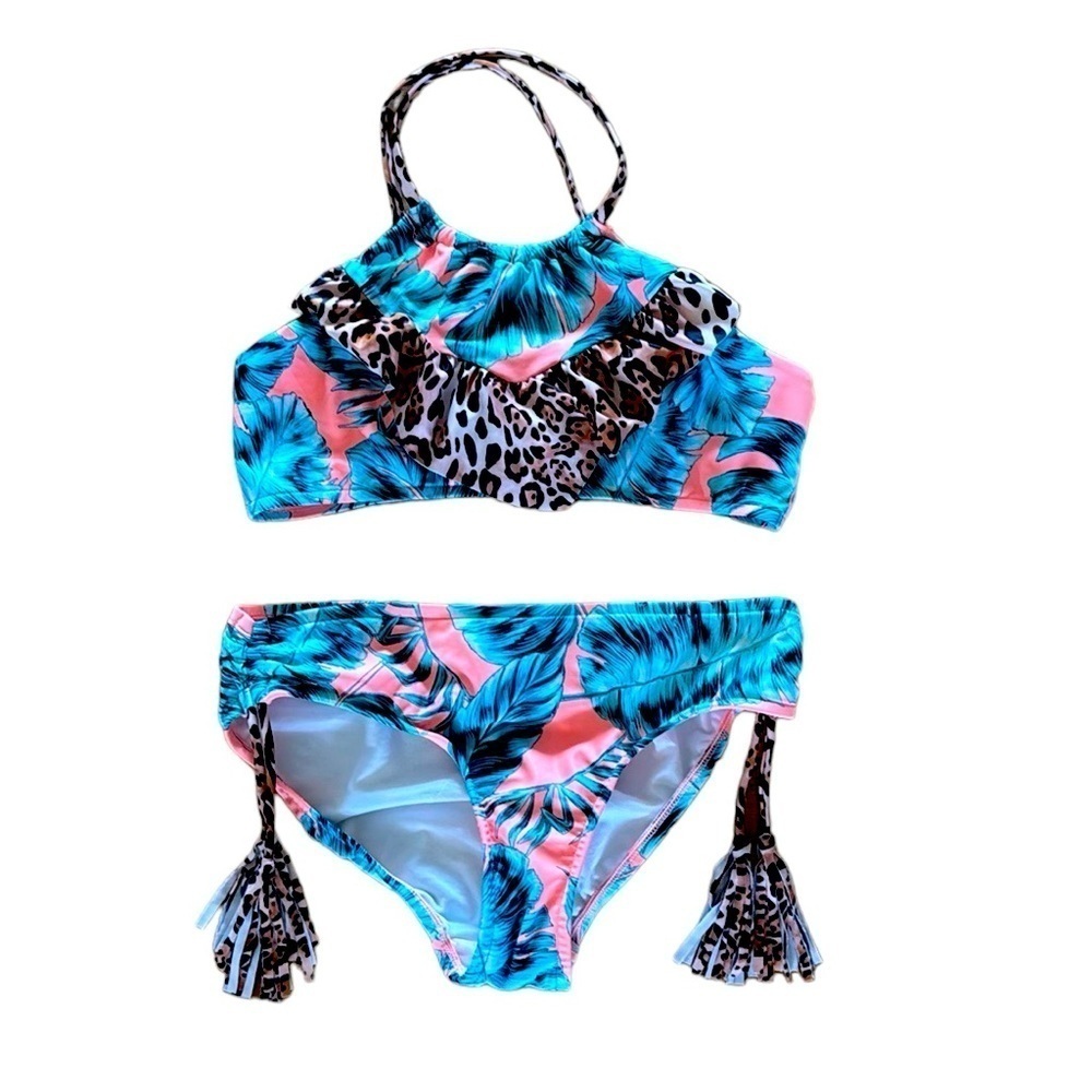 Seafolly Tropical Floral Leopard Print Two Piece Bikini Girls 12